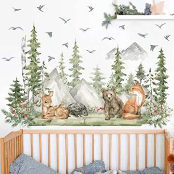 Amaonm 4 Sheet of 12x36 inch Giant Mountain Forest Tree Wall Decal Woodland Deer Bear Fox Birds Wall Stickers 3D DIY Peel and Stick Jungle Wild Animal Pine Wall Decor for Kids Boys Bedroom Playroom