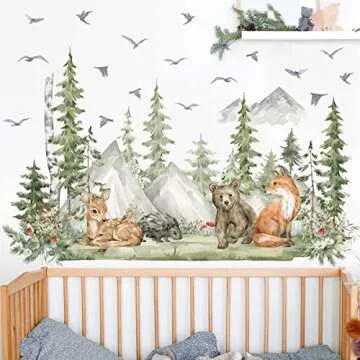 Amaonm 4 Sheet of 12x36 inch Giant Mountain Forest Tree Wall Decal Woodland Deer Bear Fox Birds Wall Stickers 3D DIY Peel and Stick Jungle Wild Animal Pine Wall Decor for Kids Boys Bedroom Playroom