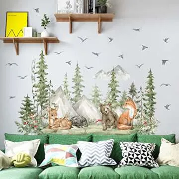 Amaonm 4 Sheet of 12x36 inch Giant Mountain Forest Tree Wall Decal Woodland Deer Bear Fox Birds Wall Stickers 3D DIY Peel and Stick Jungle Wild Animal Pine Wall Decor for Kids Boys Bedroom Playroom