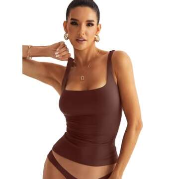 Eachyes Women's Square Neck Double Lined Tank Tops - Brown