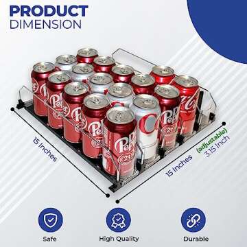 Universal Adjustable Can Dispenser: High Capacity Fridge Beverage Storage - Easy-Glide Soda and Beer Organizer for All Refreshments - Space-Saving, Versatile Design (15"D, 5 Rows)