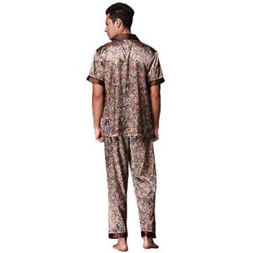 ZUEVI Men's Silk Satin Short Sleeve Pajamas Set - Luxurious Dragon Design Loungewear for Men (Coffee...