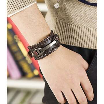 Hamoery Men Leather Bracelet Punk Braided Rope Alloy Bracelet Bangle Wristband