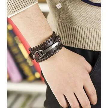 Hamoery Men Leather Bracelet Punk Braided Rope Alloy Bracelet Bangle Wristband