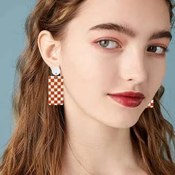 WUWEIJIAJIA Unique Acrylic Black White Striped Checkered Dangle Drop Earrings Heart Flower Pattern Stud Earrings for Women Statement (Style-5-Orange)