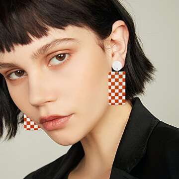 WUWEIJIAJIA Unique Acrylic Black White Striped Checkered Dangle Drop Earrings Heart Flower Pattern Stud Earrings for Women Statement (Style-5-Orange)