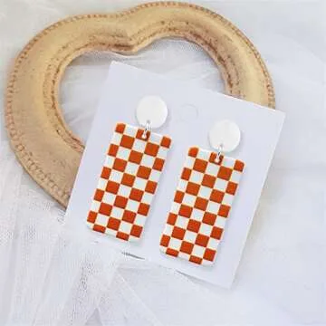 WUWEIJIAJIA Unique Acrylic Black White Striped Checkered Dangle Drop Earrings Heart Flower Pattern Stud Earrings for Women Statement (Style-5-Orange)