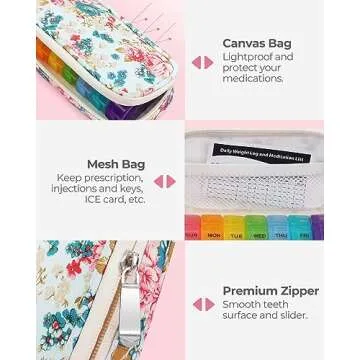 AMOOS Weekly Pill Organizer 2 Times a Day, Travel AM PM Pill Box 7 Day with Lightproof Canvas Bag for Privacy Protection, Large Daily Pill Organizer for Vitamin, Supplement, Fish Oil (Colorful Flower)