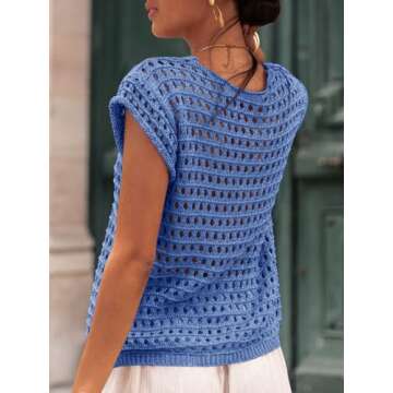 Saodimallsu Womens Tie Crochet Shrug Short Sleeve Open Front Lightweight Knit Cropped Cardigan Sweaters Cover Up Blue