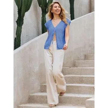 Saodimallsu Womens Tie Crochet Shrug Short Sleeve Open Front Lightweight Knit Cropped Cardigan Sweaters Cover Up Blue