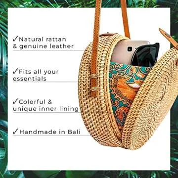 Novum Crafts Round Rattan Bag for Women - Handmade Straw Bags - Wicker Purse - Brown White Circle Crossbody Boho Bags