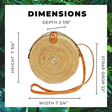 Novum Crafts Round Rattan Bag for Women - Handmade Straw Bags - Wicker Purse - Brown White Circle Crossbody Boho Bags