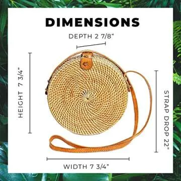 Novum Crafts Round Rattan Bag for Women - Handmade Straw Bags - Wicker Purse - Brown White Circle Crossbody Boho Bags