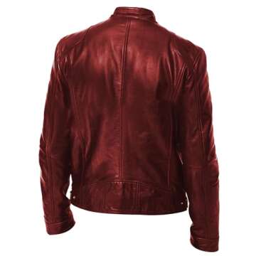 Men Faux Leather Zip Up Jacket Stand Collar Leather Motorcycle Jacket Lightweight Bomber Outwear PU Coat (XL 码,Red)