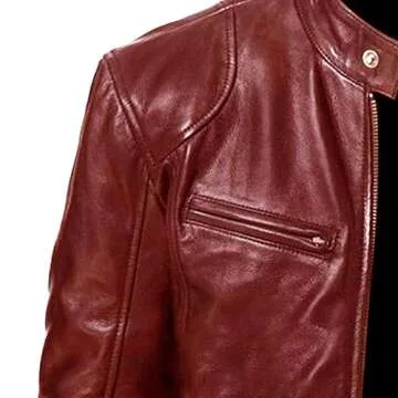 Men Faux Leather Zip Up Jacket Stand Collar Leather Motorcycle Jacket Lightweight Bomber Outwear PU Coat (XL 码,Red)
