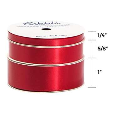 Ribbli 3 Rolls Double Faced Satin Red Craft Ribbon,Total 30 Yards,(1/4 Inch x 10-Yard,5/8 Inch x 10-Yard,1 Inch x 10-Yard),Use for Bows Bouquet,Wreath,Gift Wrapping,Christmas Decoration