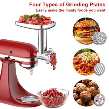 Metal Meat Grinder Attachment for KitchenAid Stand Mixers, Meat Grinder Attachment Includes 4 Grinding Plates, 3 Sausage Stuffer Tubes, 2 Grinding Blades, Meat Grinder and Sausage Stuffer by COFUN
