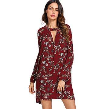 Milumia Women's Boho Floral Print Long Sleeve Loose Short Mini Tunic Dress Z-Wine Small