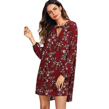 Milumia Women's Boho Floral Print Long Sleeve Loose Short Mini Tunic Dress Z-Wine Small