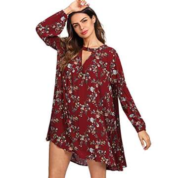 Milumia Women's Boho Floral Print Long Sleeve Loose Short Mini Tunic Dress Z-Wine Small