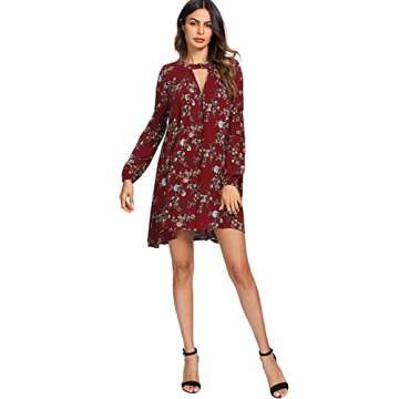 Milumia Women's Boho Floral Print Long Sleeve Loose Short Mini Tunic Dress Z-Wine Small