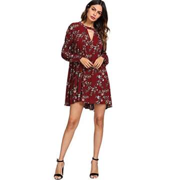Milumia Women's Boho Floral Print Long Sleeve Loose Short Mini Tunic Dress Z-Wine Small