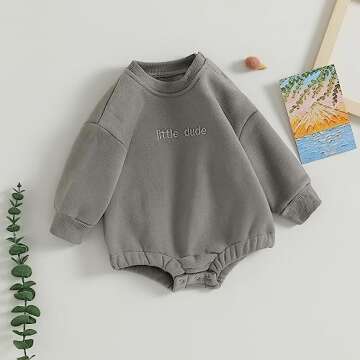 Baby Boy Oversized Sweatshirt Romper Solid Long Sleeve Bubble Little Dude Romper Sweater Onesie Fall Clothes (Grey, 0-3 Months)