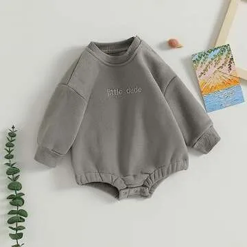 Baby Boy Oversized Sweatshirt Romper Solid Long Sleeve Bubble Little Dude Romper Sweater Onesie Fall Clothes (Grey, 0-3 Months)