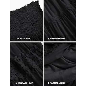 ZESICA Women's Summer Bohemian Strapless Off Shoulder Lace Trim Backless Flowy A Line Beach Long Maxi Dress,Black,Small