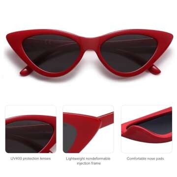 SOJOS Retro Vintage Narrow Cat Eye Sunglasses for Women Clout Goggles Plastic Frame SJ2044 with Red Frame/Grey Lens