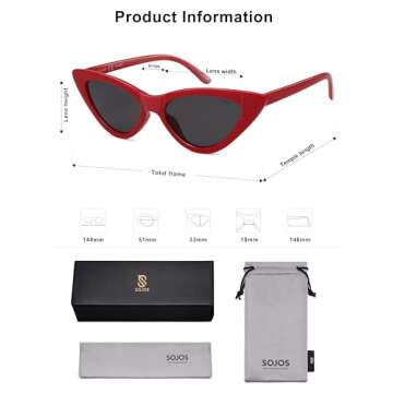 SOJOS Retro Vintage Narrow Cat Eye Sunglasses for Women Clout Goggles Plastic Frame SJ2044 with Red Frame/Grey Lens