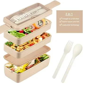 Iteryn Bento Box Lunch Box, 3-In-1 Compartment Lunch Containers - Wheat Straw, Leakproof Stackable B...