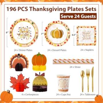 HOMDAILY 196 PCS Thanksgiving Plates and Napkins Dinnerware Sets, Thanksgiving Paper Disposable Plat...