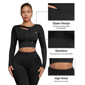 FeelinGirl Workout Sets for Women Long Sleeve 2 Piece Yoga Outfits Seamless Ribbed Zipper Crop Top High Wasit Legging Sets Black 2XL