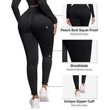 FeelinGirl Workout Sets for Women Long Sleeve 2 Piece Yoga Outfits Seamless Ribbed Zipper Crop Top High Wasit Legging Sets Black 2XL