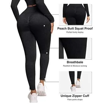 FeelinGirl Workout Sets for Women Long Sleeve 2 Piece Yoga Outfits Seamless Ribbed Zipper Crop Top High Wasit Legging Sets Black 2XL