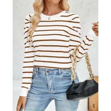 ZESICA Women's Striped Puff Long Sleeve Tops Fall Crewneck Ribbed Knit Casual Pullover Sweaters,Brown,Medium
