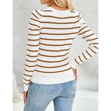 ZESICA Women's Striped Puff Long Sleeve Tops Fall Crewneck Ribbed Knit Casual Pullover Sweaters,Brown,Medium