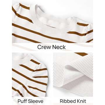 ZESICA Women's Striped Puff Long Sleeve Tops Fall Crewneck Ribbed Knit Casual Pullover Sweaters,Brown,Medium