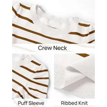 ZESICA Women's Striped Puff Long Sleeve Tops Fall Crewneck Ribbed Knit Casual Pullover Sweaters,Brown,Medium