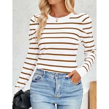 ZESICA Women's Striped Puff Long Sleeve Tops Fall Crewneck Ribbed Knit Casual Pullover Sweaters,Brown,Medium