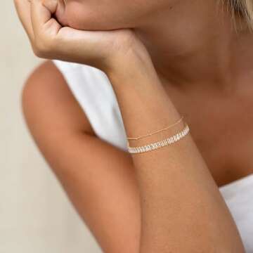 TONTMY STUDIOS Bracelet for Women Gold Layered Set Tennis CZ 2 Layer Bracelets 14K Gold Filled Simple Dainty Satellite Chain Everyday Minimalist Bracelet Jewelry