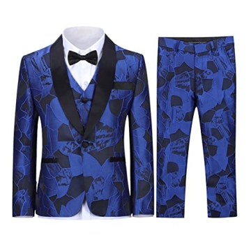 SWOTGdoby Boys Tuxedo Suit Formal Jacquard Dress 3 Pieces Blazer Vest Pants Blue