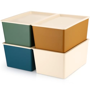 Menkxi 4 Pcs Storage Bins with Lids Plastic Storage Containers Stackable Storage Box Baskets for Org...
