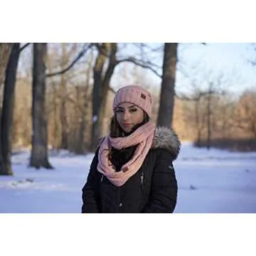 Funky Junque Women's Infinity Scarf and Slouchy Beanie Hat Set, Oversized Knit Beanies and Scarf for Women, Indi Pink