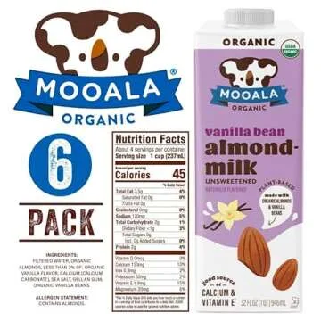 Mooala Organic Vanilla Bean Almond Milk Unsweetened 32 fl oz (Pack of 6) – Shelf-Stable, Lactose Free, Gluten-Free, Vegan, No Added Sugar, Plant-Based Beverage