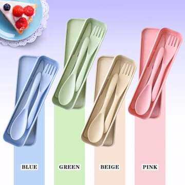 Lnrkai Travel Utensils Set with Case, 4 Sets Wheat Straw Reusable Spoon Knife Forks Tableware, Porta...