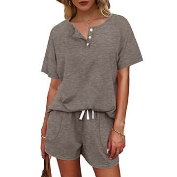 WIHOLL Lounge Sets for Women 2 Piece Outfits Button Down Shirts Khaki M