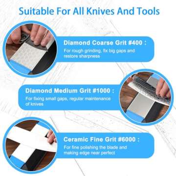 Diamond Sharpening Stone,3 Side 400/1000/6000 Grit Premium Industrial Diamond & Ceramic Whetstone Kn...