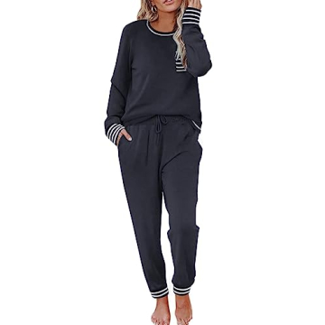 Ekouaer Women's Long Sleeve Pajama Set - Soft Joggers in Navy Blue